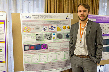 LSU Chemical Engineering student, Hunter Simonson, stands beside his team's research poster from the 2016 AIChE SRC poster competition