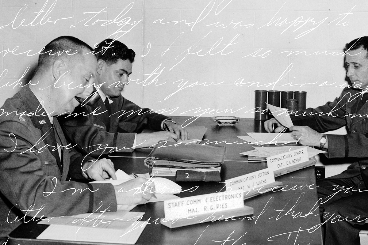 Military men writing at a desk with handwritten text overlaid