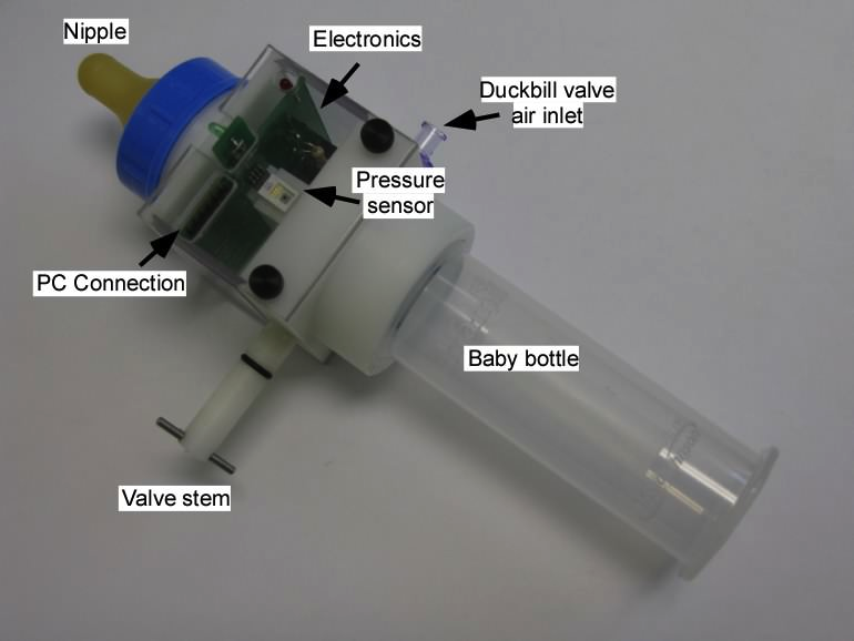 Baby bottle outfiteed with pressure sensors to record infant suck behavior.