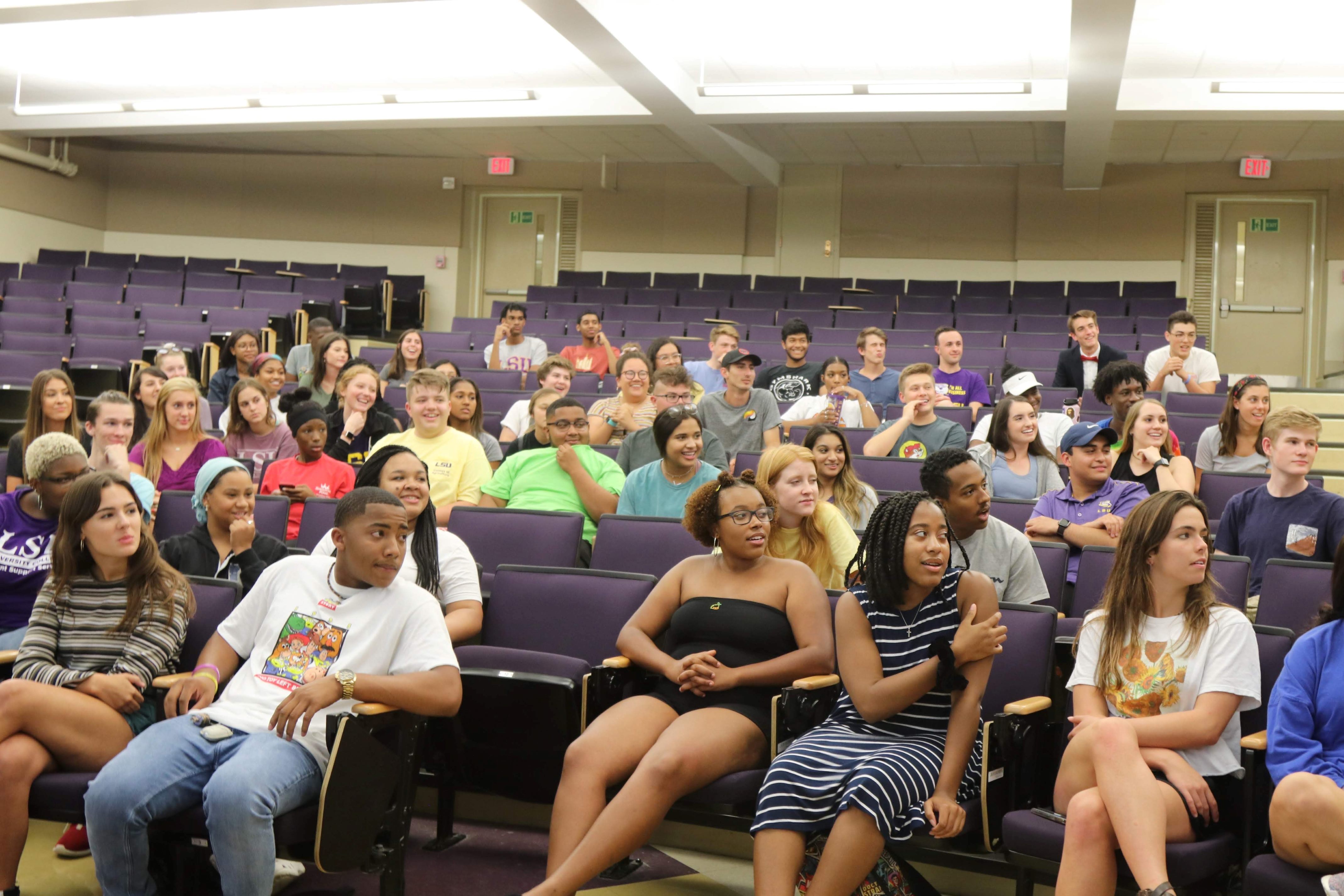 freshman students listening to a speaker