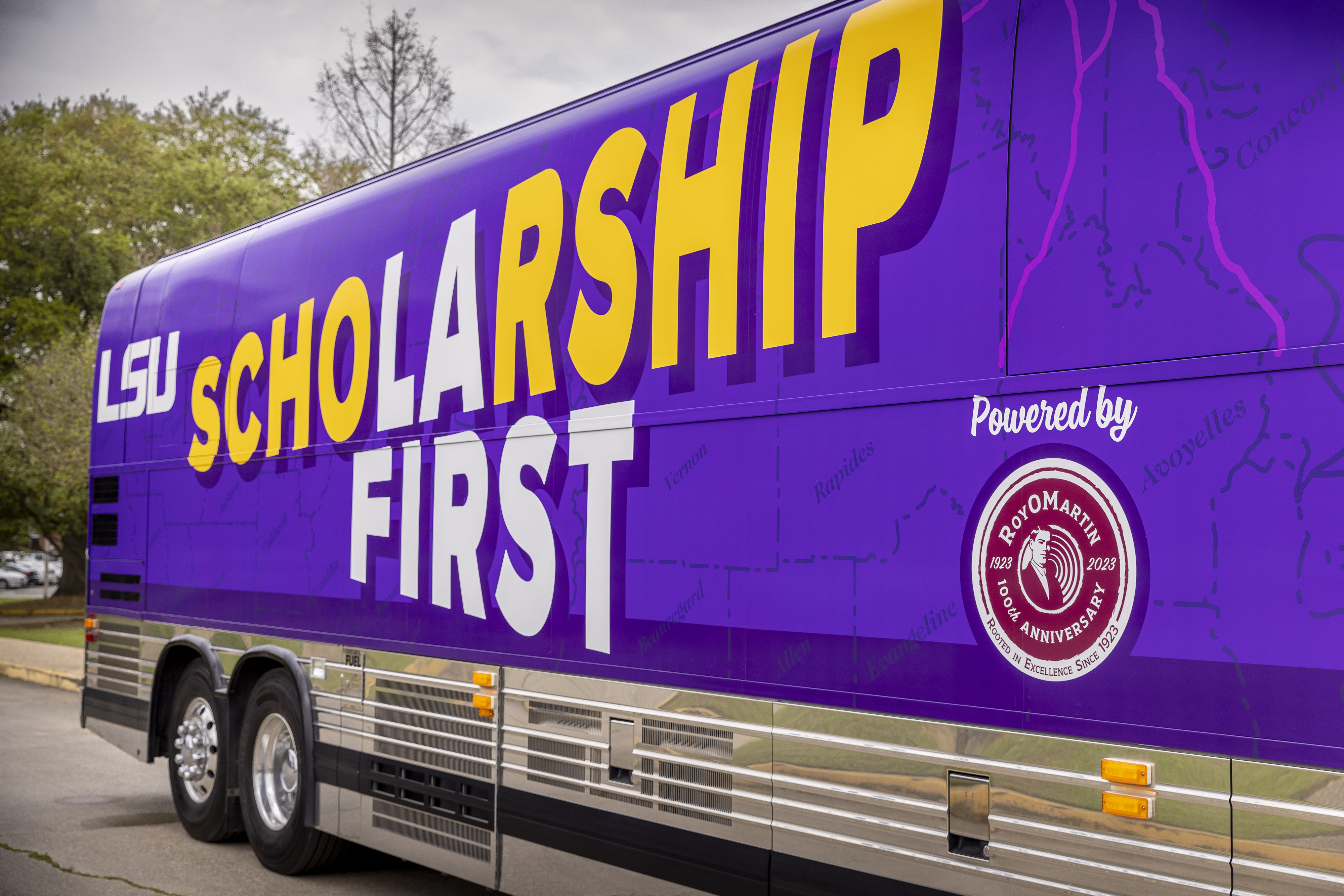 The Scholarship First tour bus, parked on the LSU campus Friday.