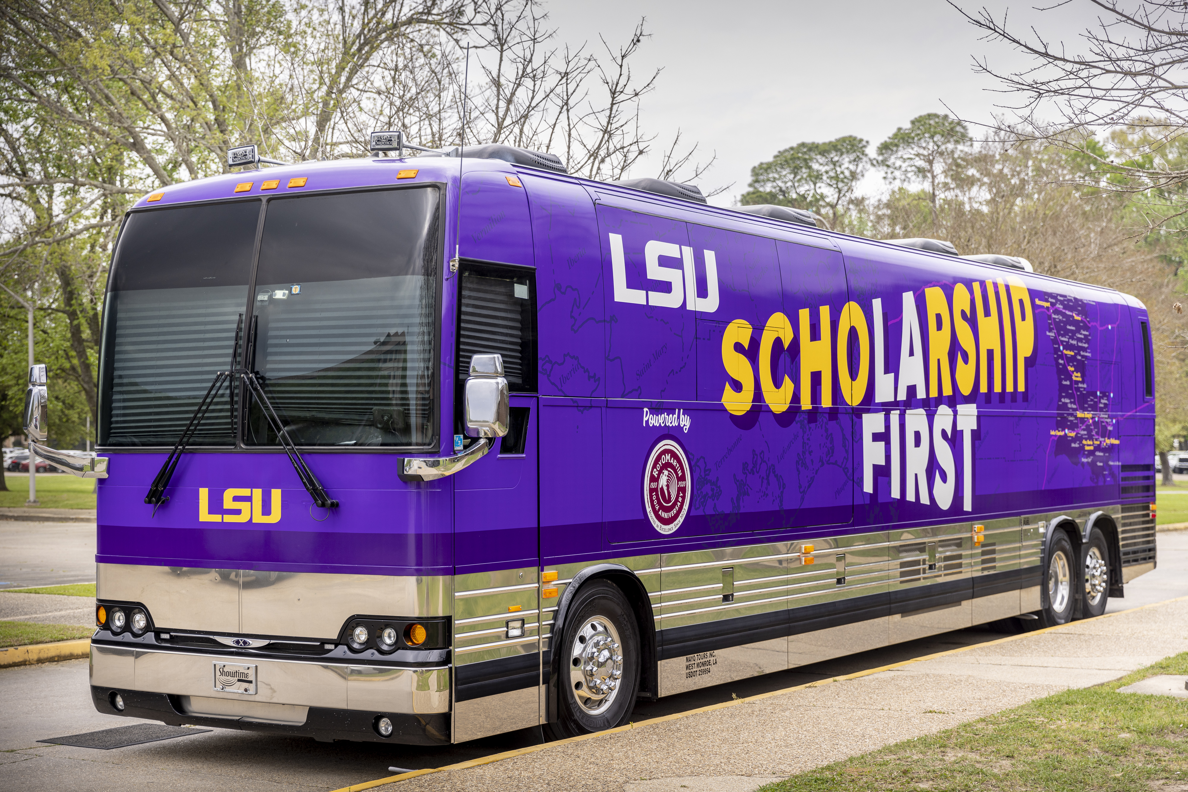 The Scholarship First tour bus, parked on the LSU campus Friday.