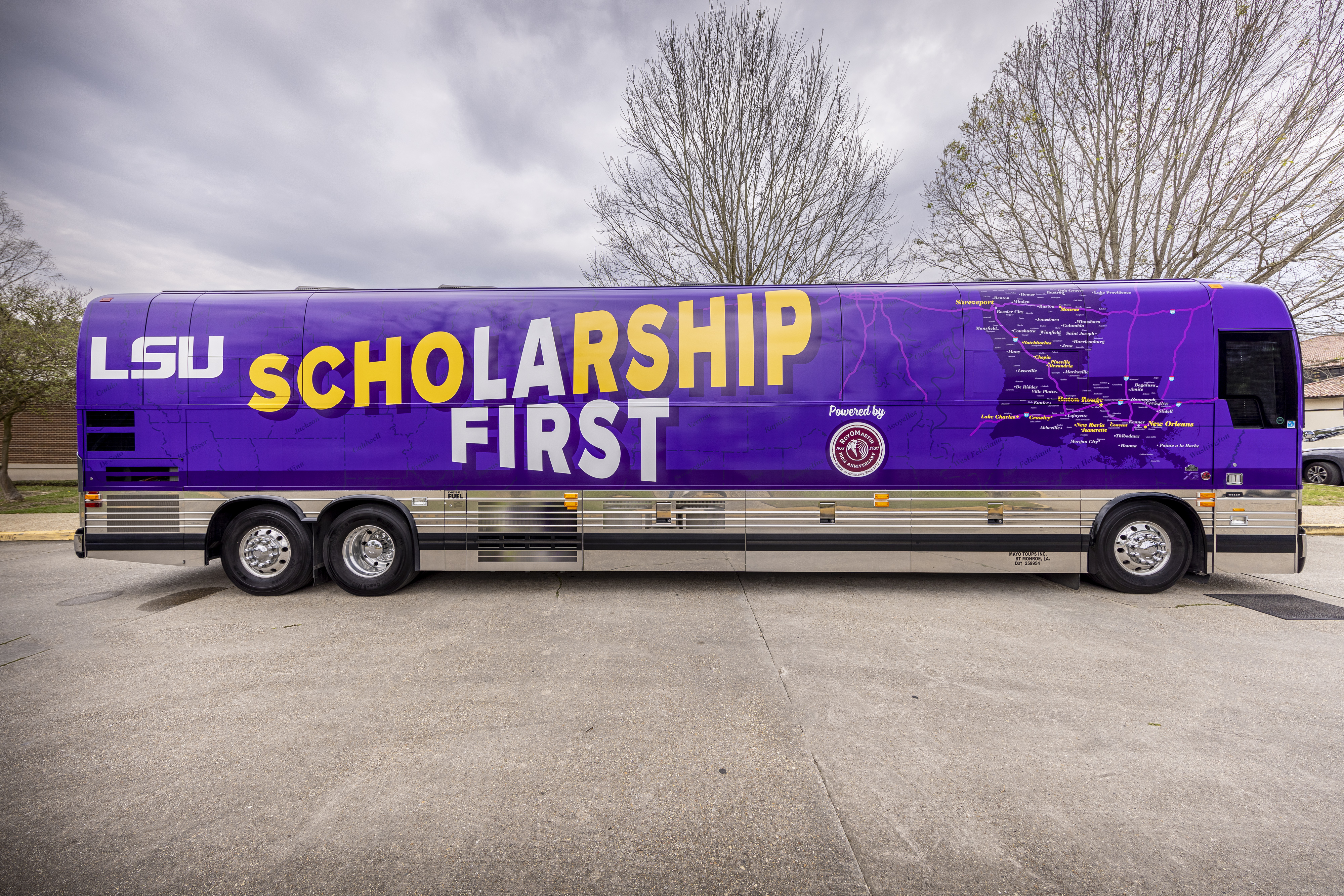 The Scholarship First tour bus, parked on the LSU campus Friday.