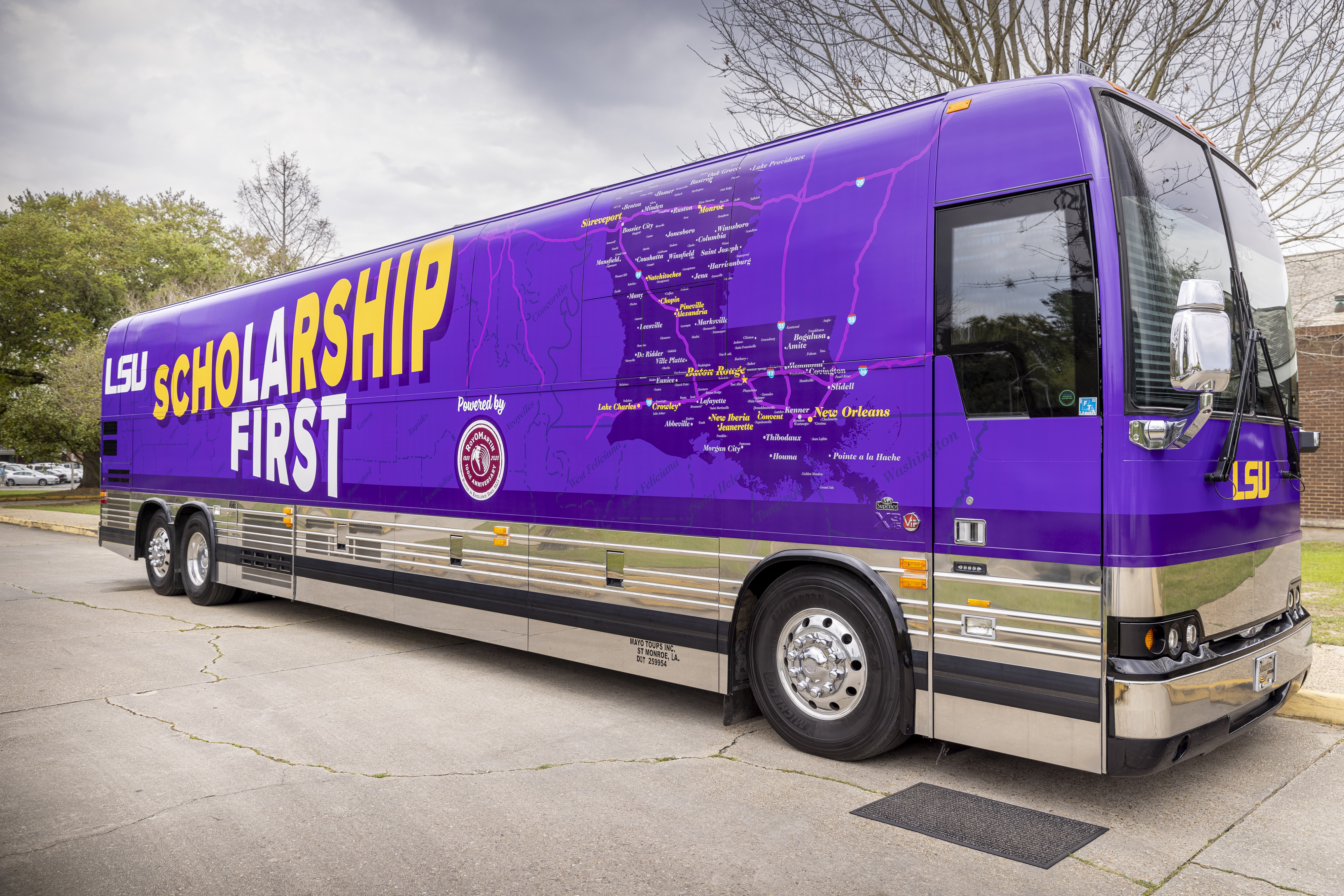 The Scholarship First tour bus, parked on the LSU campus Friday.