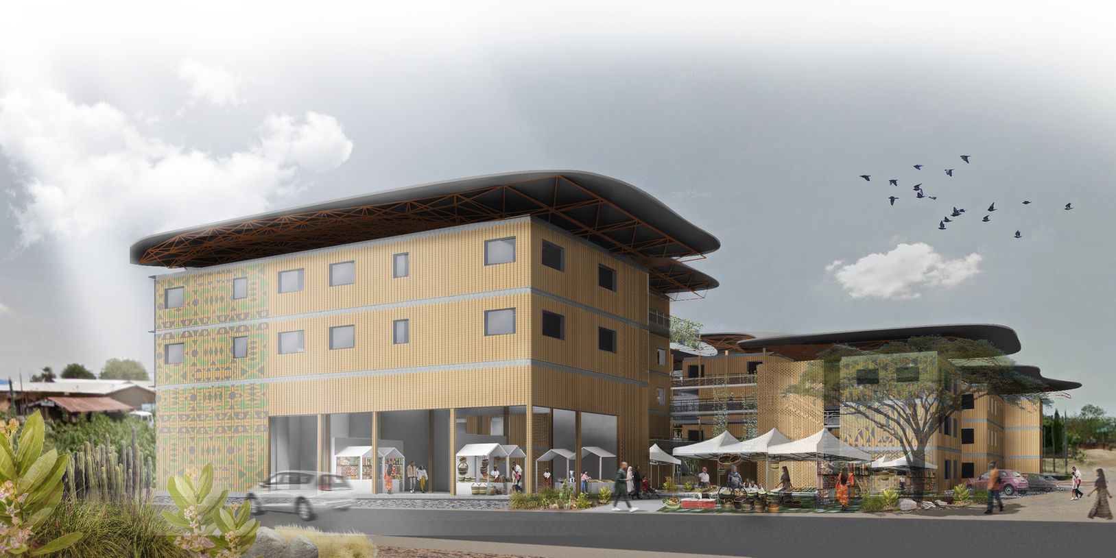 Rendering: Front view of the complex. 