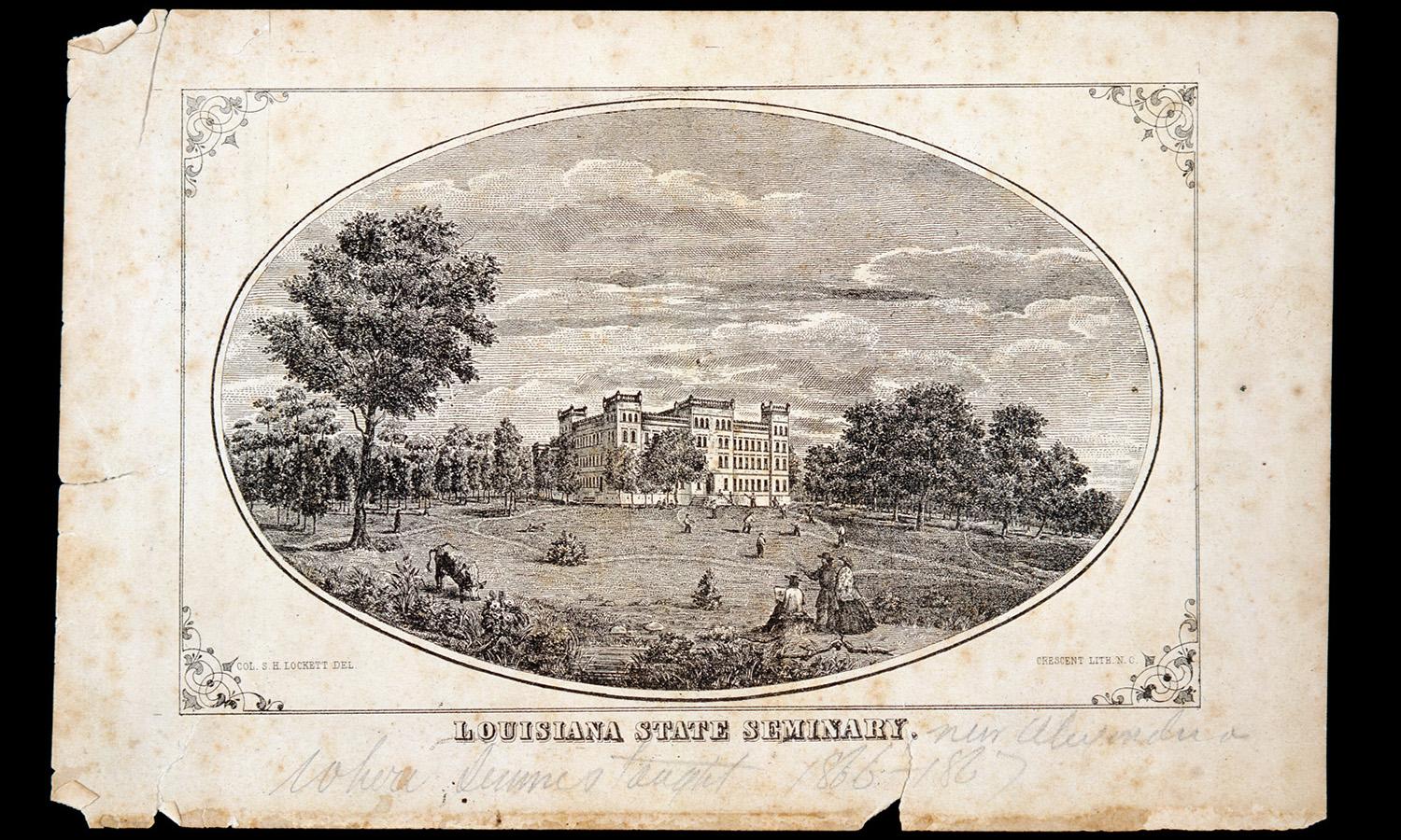 An artist’s rendering of the Louisiana State Seminary in Pineville, La., in 1866. The seminary would eventually relocate to Baton Rouge and become LSU after the Pineville campus burned in 1869.