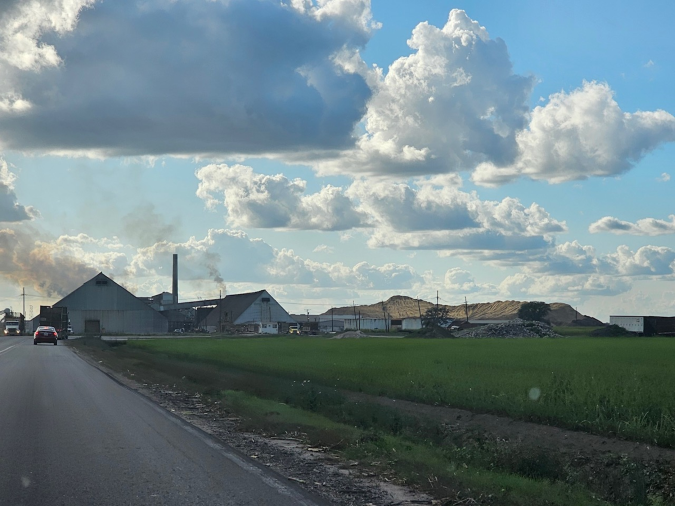 Mounds of bagasse lie behind a sugar cane mill. Louisiana's sugar mills produce 3 million tons of the waste product each year.