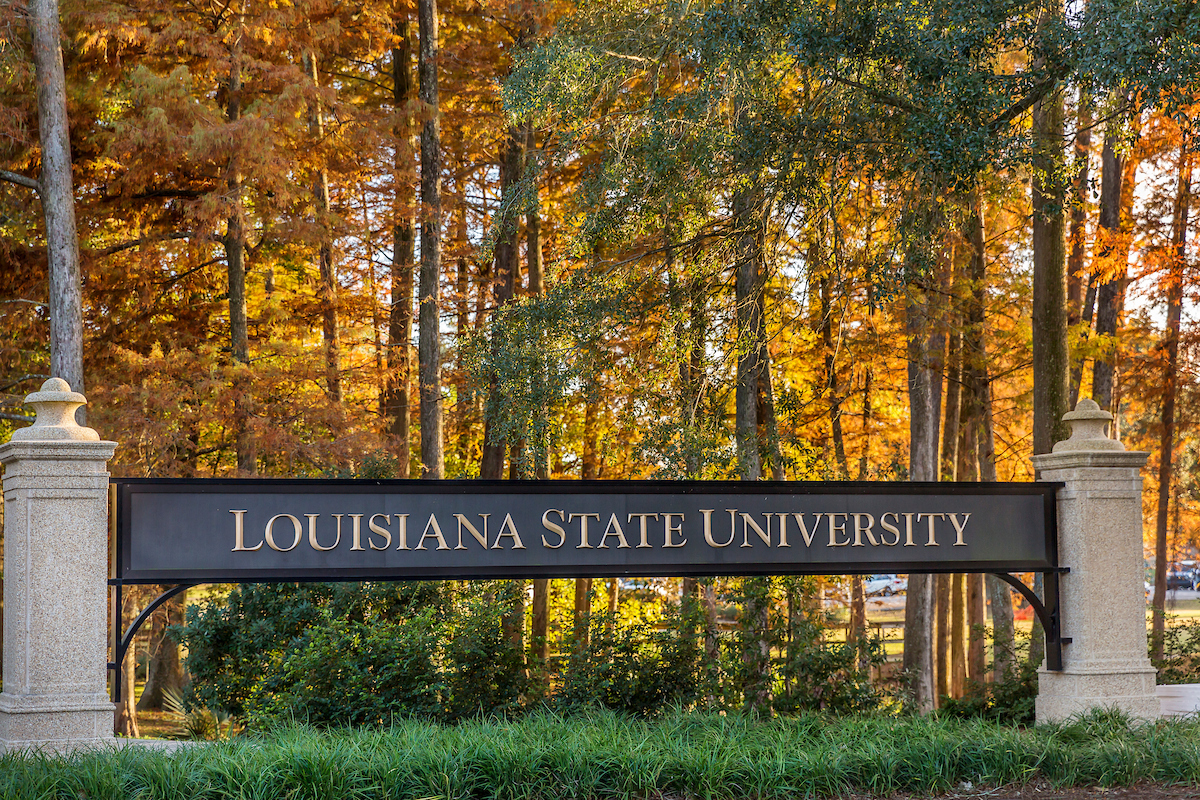 Fall leaves in backdrop of a Louisiana State University sign on campus