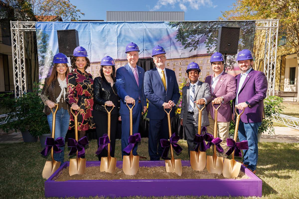 LSU leaders hold ceremonial shovels for a groundbreaking ceremony