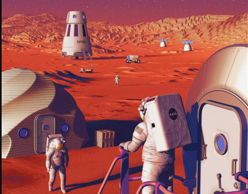 A NASA illustration depicting a Mars settlement