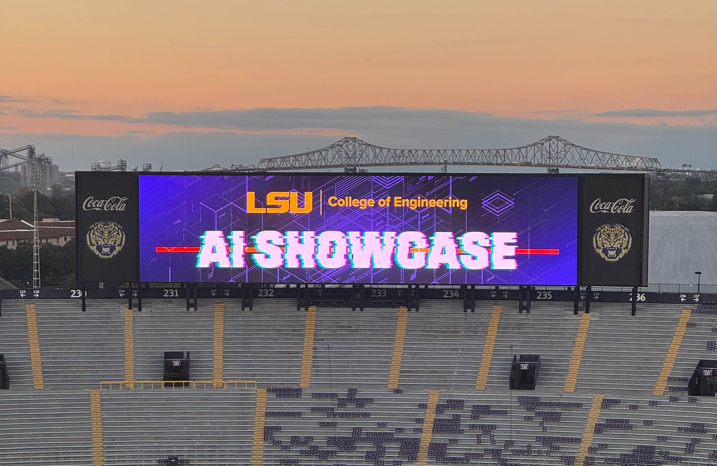 Tiger Stadium screen with the words LSU College of Engineering AI showcase