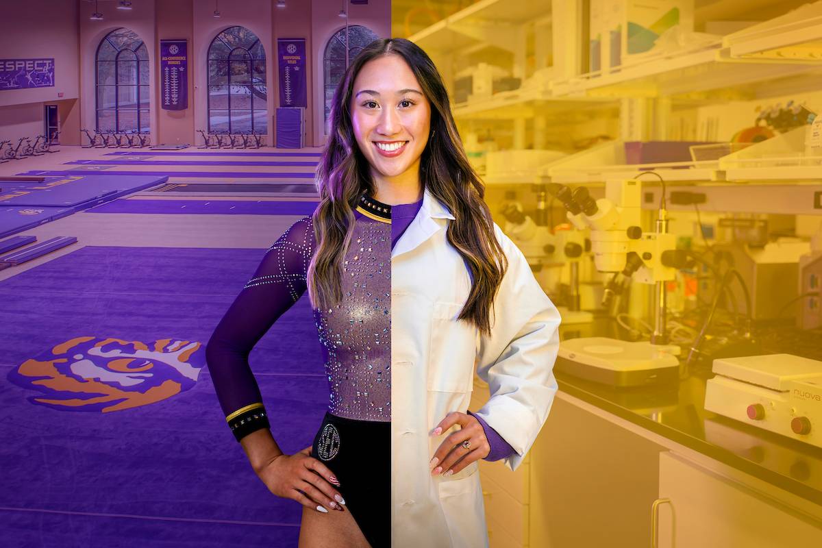 Kailiin Chio, LSU gymnast, composite photo of her half in her leotard and the other half dressed for a lab, wearing a lab coat.