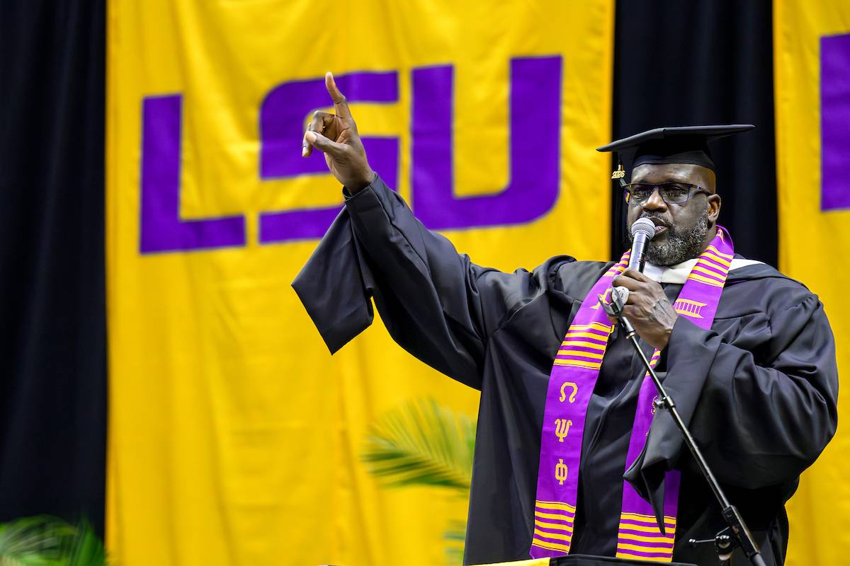 Shaquille O'Neal speaks to the LSU College of Humanities & Social Sciences graduates