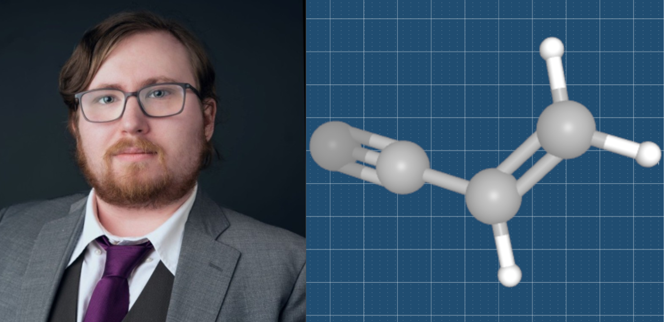 Renovigo Chemicals CEO Jeremiah Piper and a molecule of acrylonitrile, a chemical intermediate used in carbon fiber, plastics, and synthetic rubber.