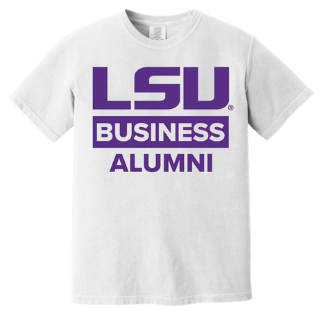 white tshirt with LSU Business Alumni in purple