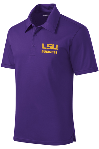 purple polo shirt with LSU Business in gold