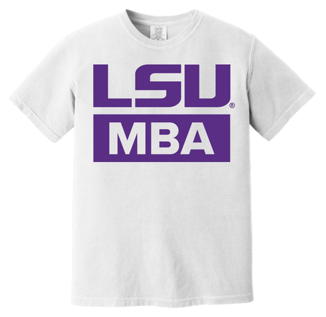 white t-shirt with LSU MBA in prurple