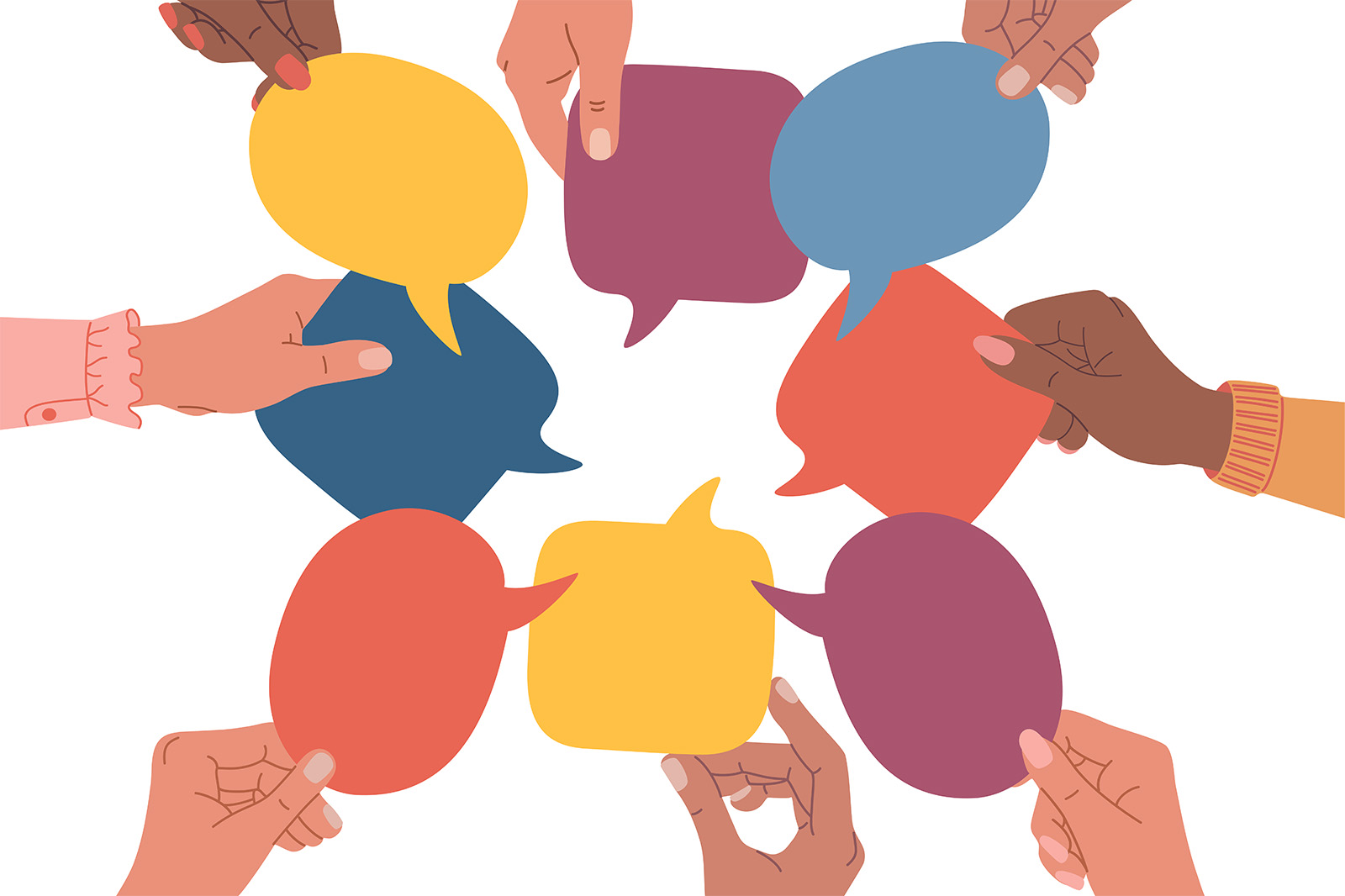 multiple hands holding speech bubbles