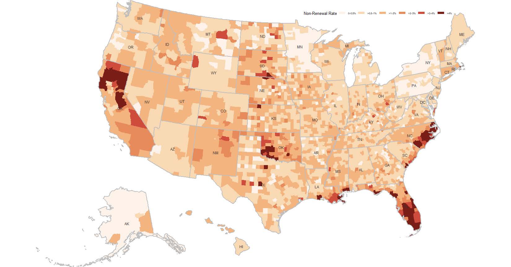 A United States map showing homeowner insurance non-renewal rates by county. Darker shades of red represent higher rates, with the most significant concentrations appearing along the coastlines of Florida, Louisiana, and North Carolina, as well as throughout central and northern California. Lighter tan and orange shades indicate lower non-renewal rates across the Midwest and Northeast. A legend in the top right corner categorizes the rates from 0% to over 4%