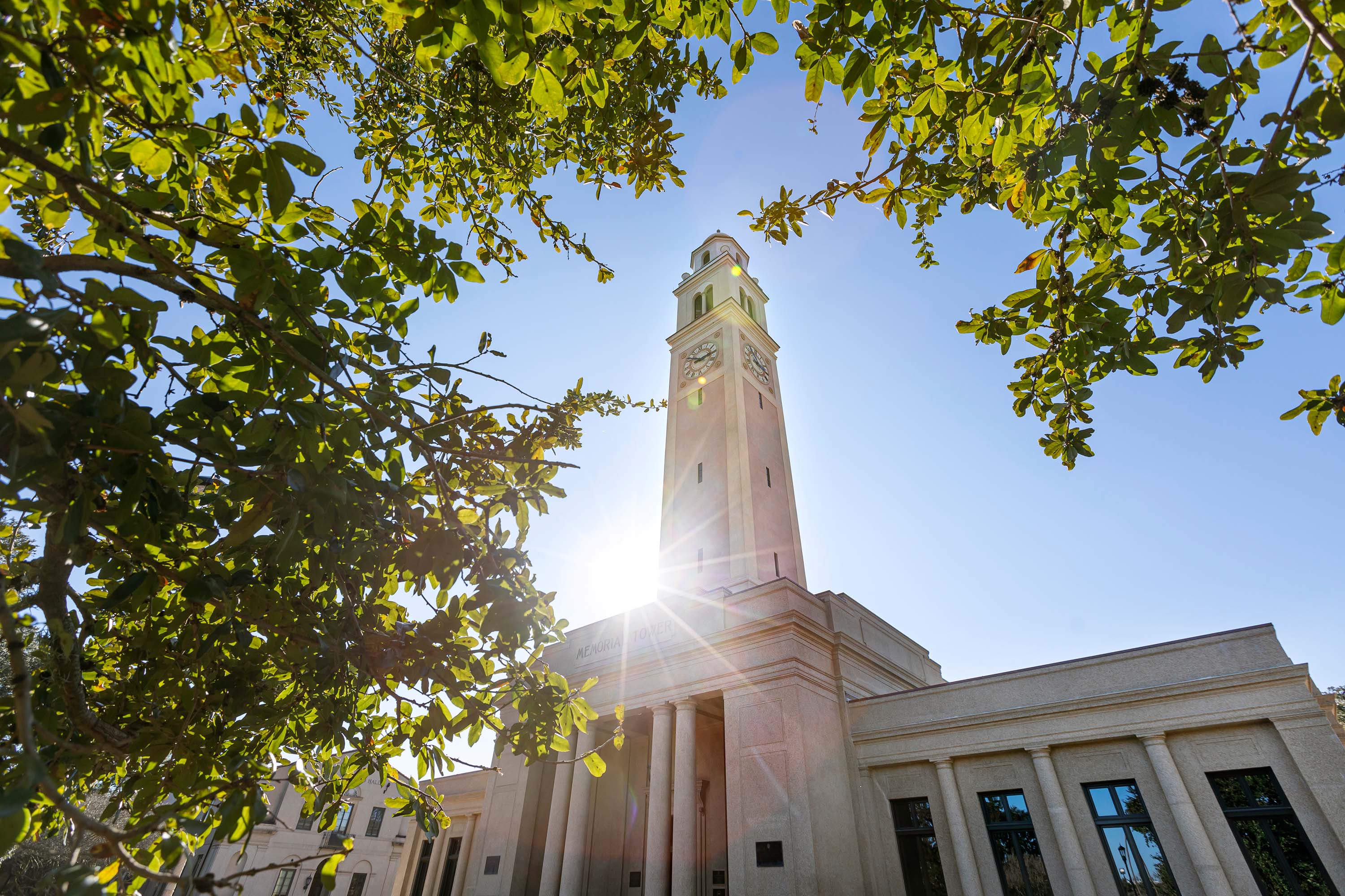 LSU memorial tower with sun flare