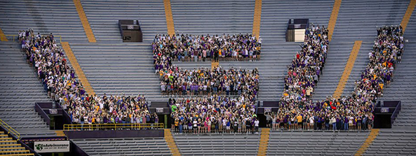 LSU freshman class spells out LSU in the bleachers of Tiger Stadium