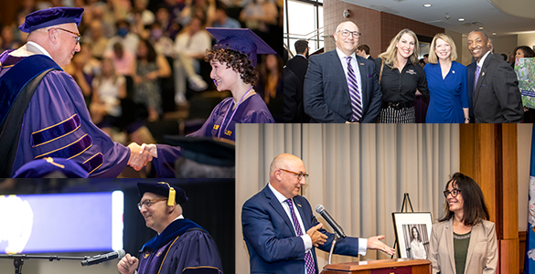 Matt Lee speaking at events, shaking hands at commncement and posing for a group photo. 