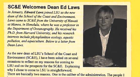 article clipping with headline reading: SC&E Welcomes Dean Ed Laws