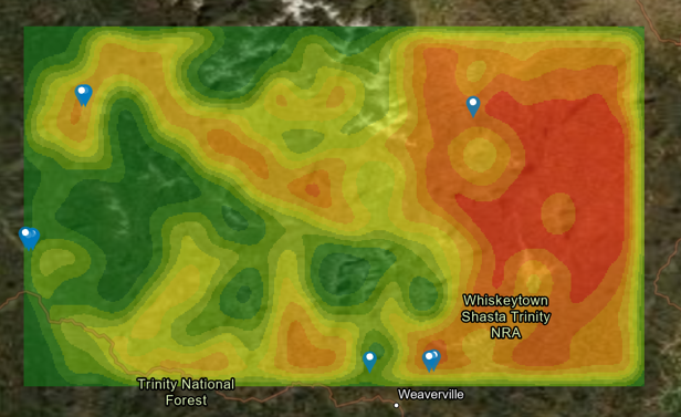 A predictive fire terrain map showing red, yellow, orange and green areas