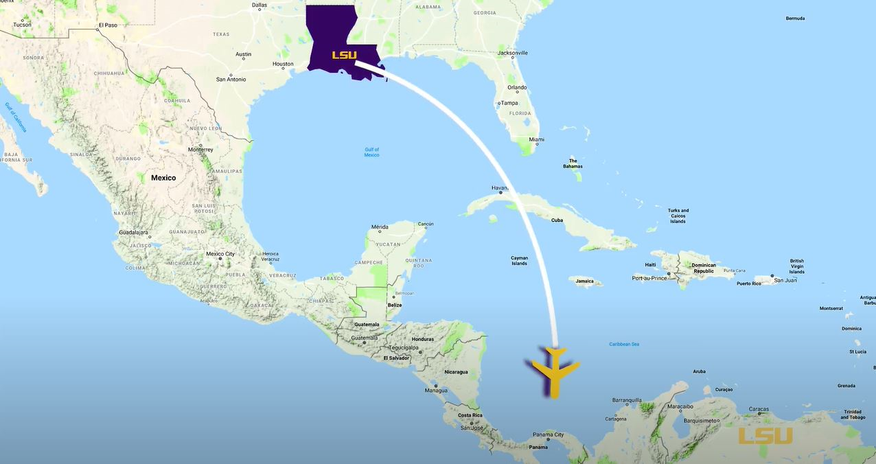 illustration of a plane flying from Louisiana to Panama on a map