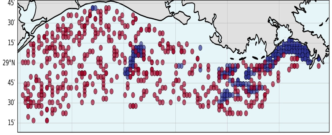 a map of the Louisiana coast, with many red dots indicating spots of hypoxia