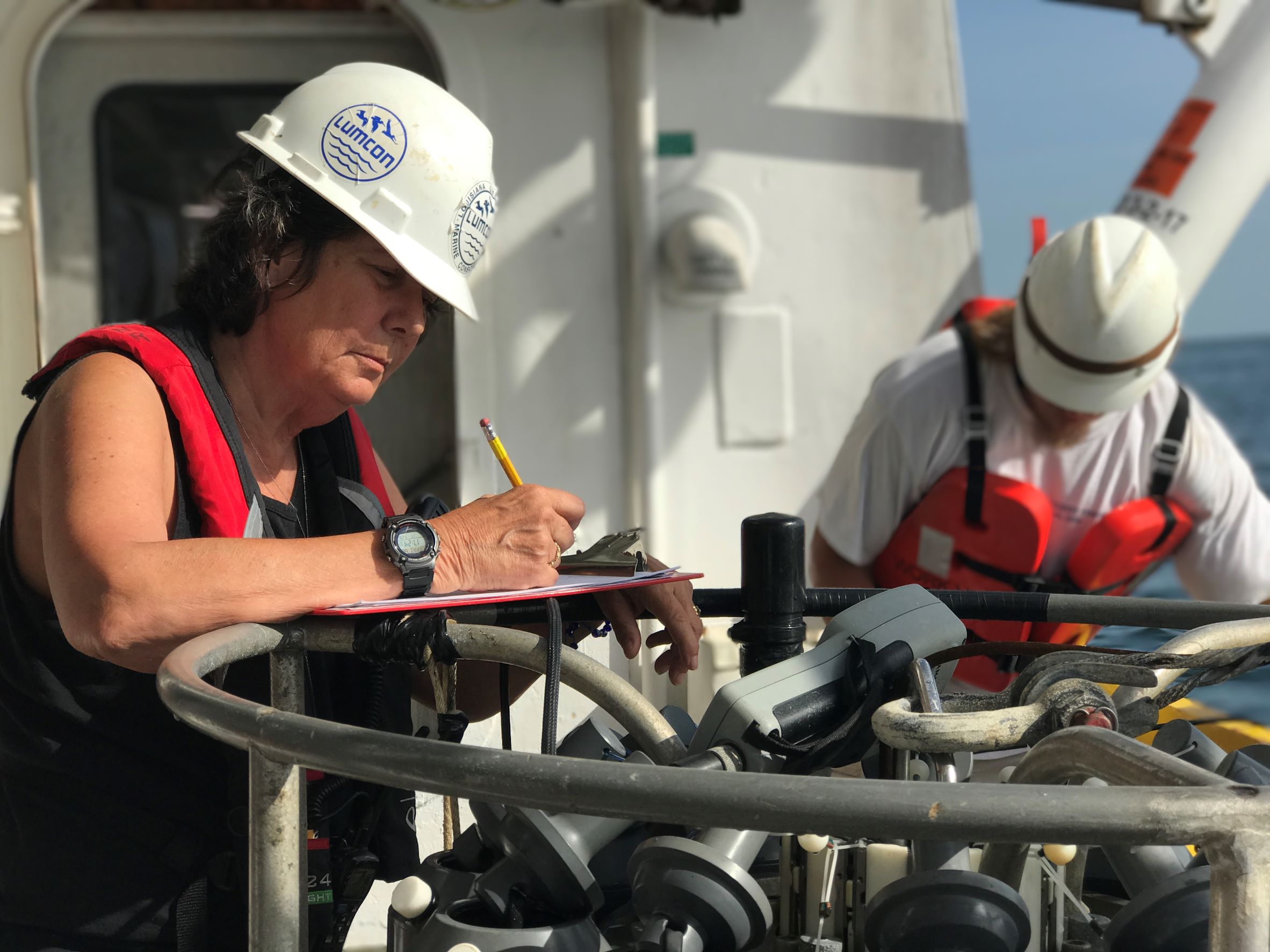 LSU's Nancy Rabalais gathers data while aboard the annual research cruise to measure hypoxia in the Gulf of Mexico