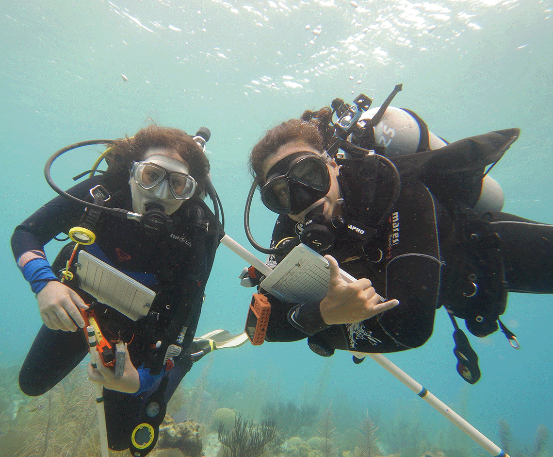 Two women in scuba gear underneath the water