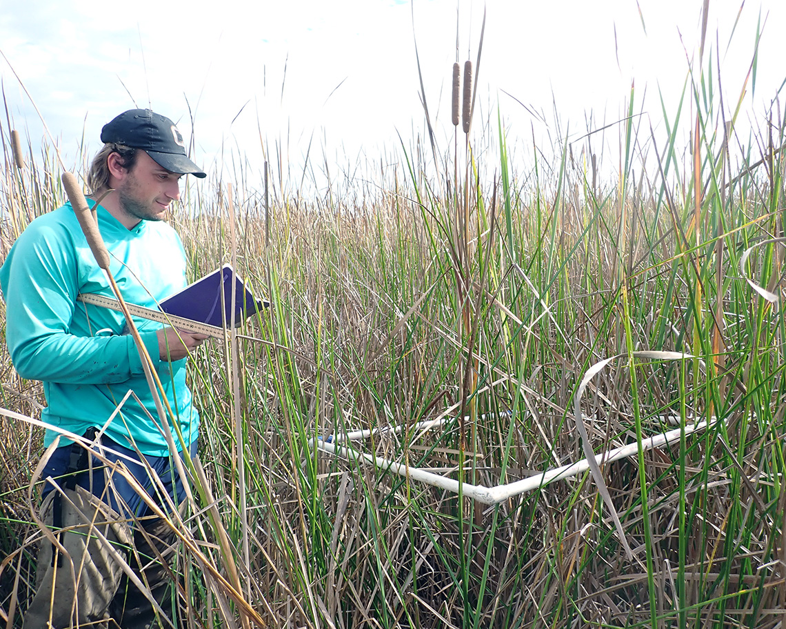 man with notebook in grass