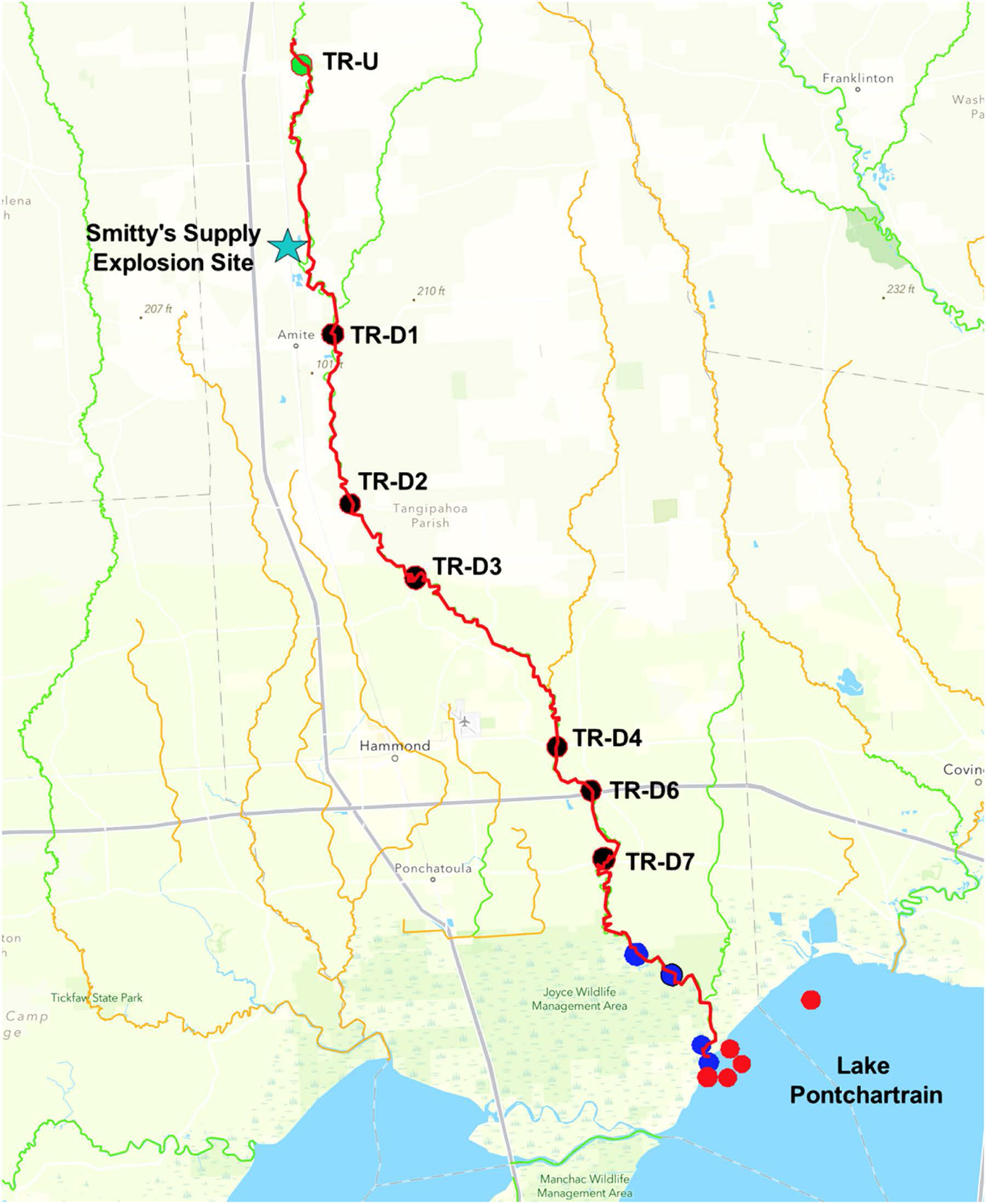 A map with 7 sampling locations along the Tangipahoa River