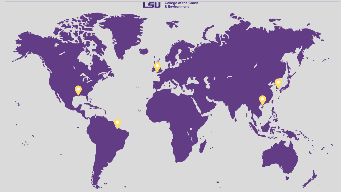 A map of the world with place markers over Hong Kong, Brazil, South Korea, the UK, and Louisiana
