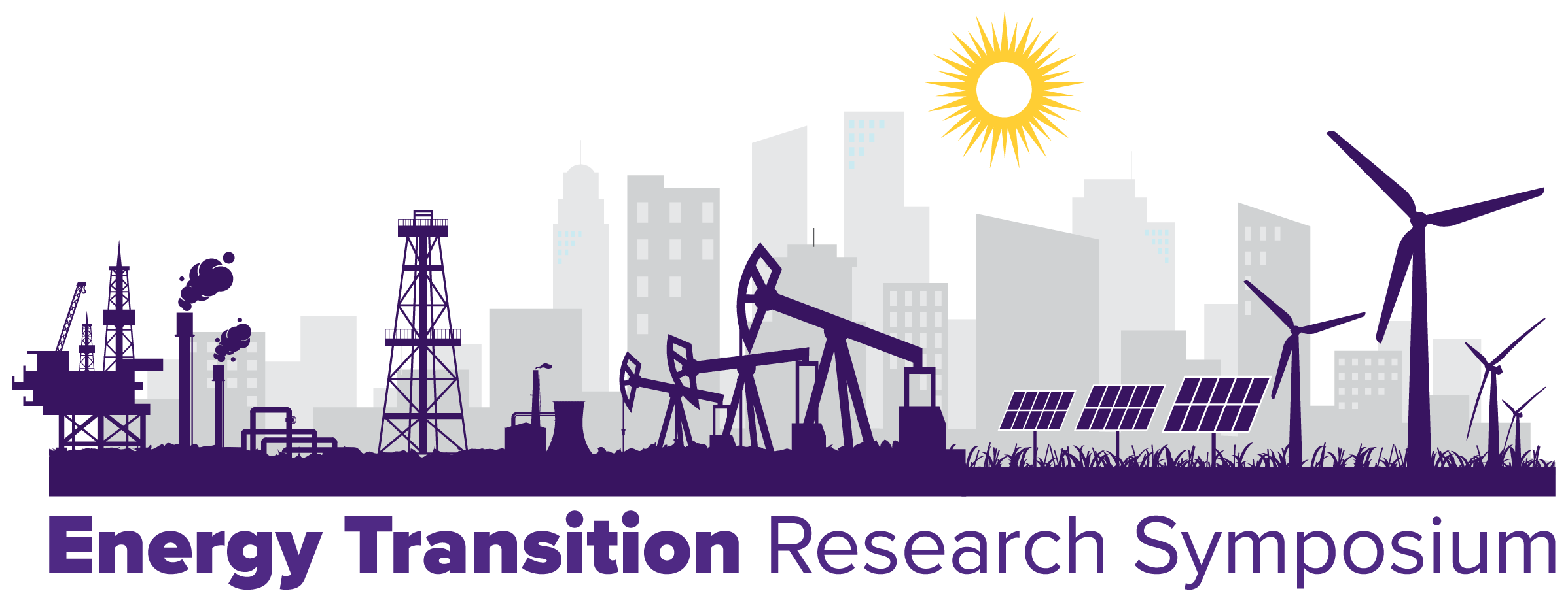energy transition research symposium logo showing oil rigs, solar panels, wind mills