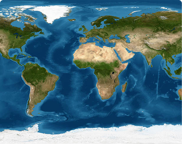 A detailed satellite view of the world map showing continents, oceans, and geographic features with natural colors. Description generated by AI