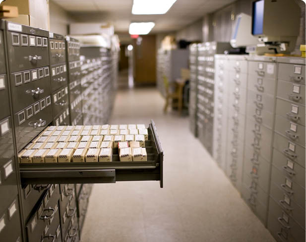 A long hallway lined with rows of filing cabinets and drawers, with one drawer open revealing organized index cards. Description generated by AI