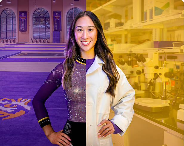 A person with long hair is smiling and standing with hands on hips, wearing a half sports uniform and half lab coat, with a sports arena background on one side and a laboratory setting on the other. Description generated by AI