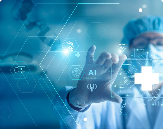 A person wearing medical scrubs and a surgical cap interacts with a digital interface displaying a glowing medical cross and healthcare-related icons. Description generated by AI