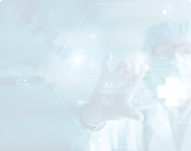 A person wearing medical scrubs and a surgical cap interacts with a digital interface displaying a glowing medical cross and healthcare-related icons. Description generated by AI
