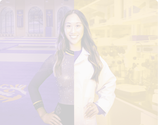A person with long hair is smiling and standing with hands on hips, wearing a half sports uniform and half lab coat, with a sports arena background on one side and a laboratory setting on the other. Description generated by AI