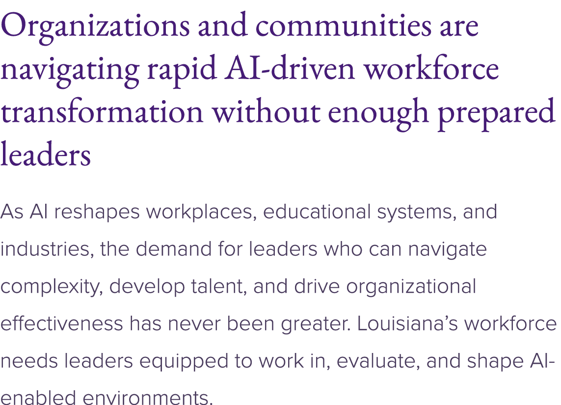 Organizations and communities are navigating rapid AI driven workforce transformation without enough prepared leaders...