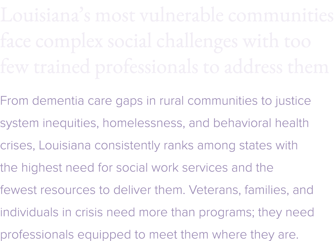 Louisiana’s most vulnerable communities face complex social challenges with too few trained professionals to address ...