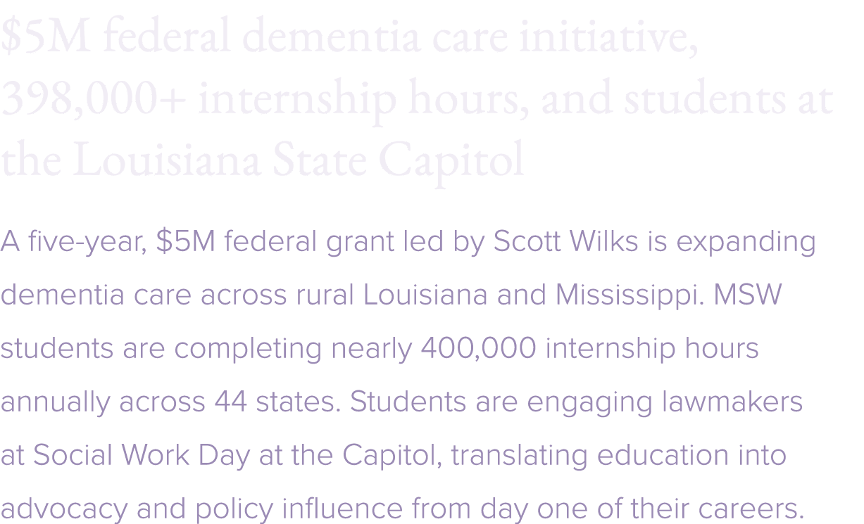$5M federal dementia care initiative, 398,000+ internship hours, and students at the Louisiana State Capitol A five y...