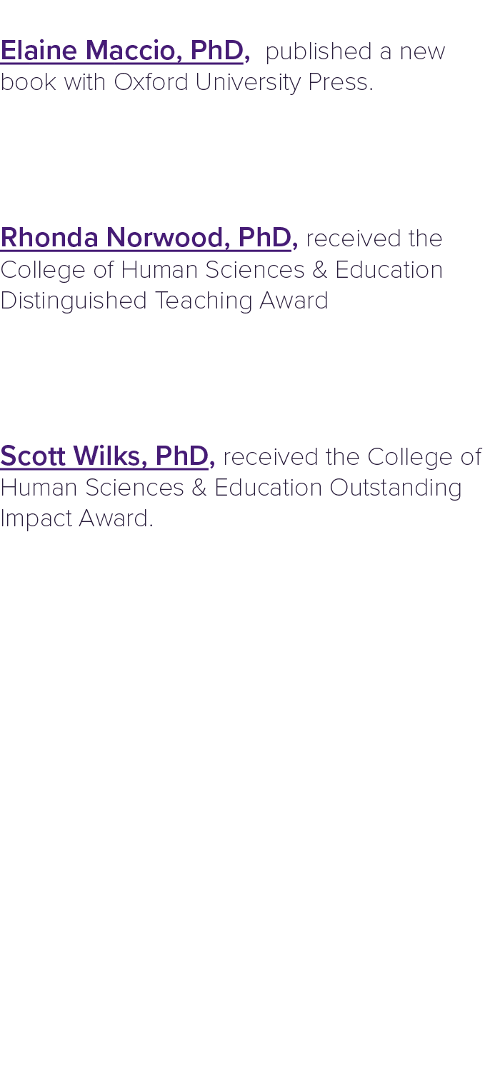  Elaine Maccio, PhD, published a new book with Oxford University Press. Rhonda Norwood, PhD, received the College of ...