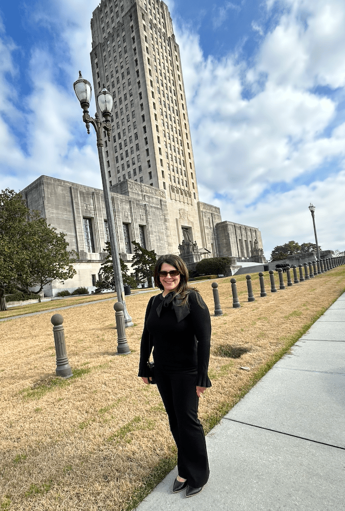 DiCarlo in front of Louisiana state capitol