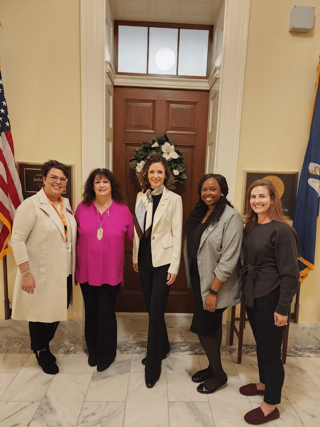 LAAEYC Members, Tafta Miller, Cindy Bishop, Courtney Rogers, and Rebecca Teal with Congresswoman Julia Letlow (center)