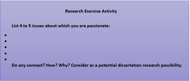 purple box labeled Research Exercise Activity, list 4 to 5 issues about which you are passionate. Do they connect? How? Why?
