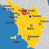map of central Italy with Pistoia highlighted in orange